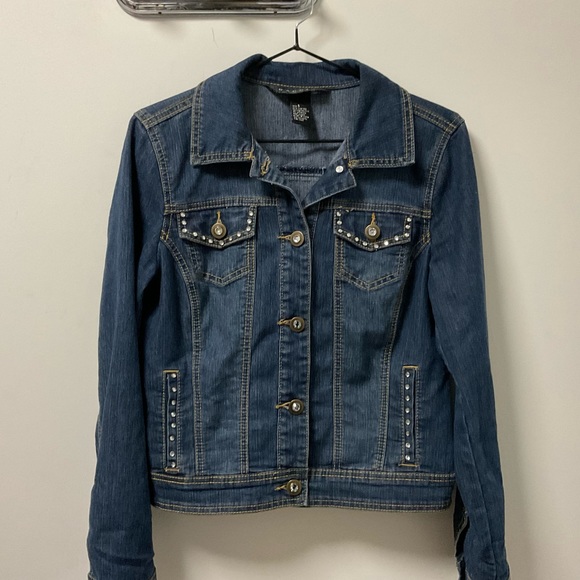 Blingy Baccini Rhinestone Slight Stretch Button Down Blue Jean Jacket! - Picture 5 of 10